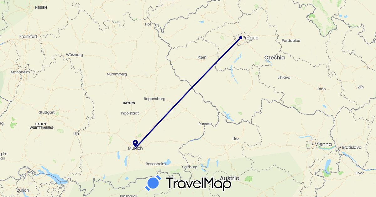 TravelMap itinerary: driving, train in Czech Republic, Germany (Europe)
